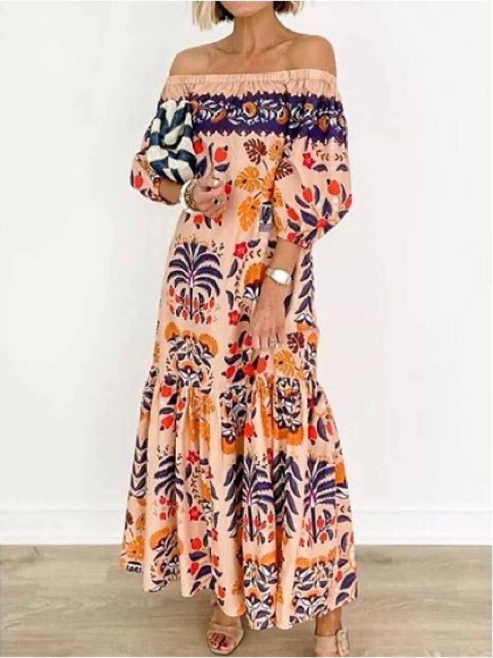 Anthropologie Peach Floral off the shoulder Maxi Dress with Navy & Orange Print